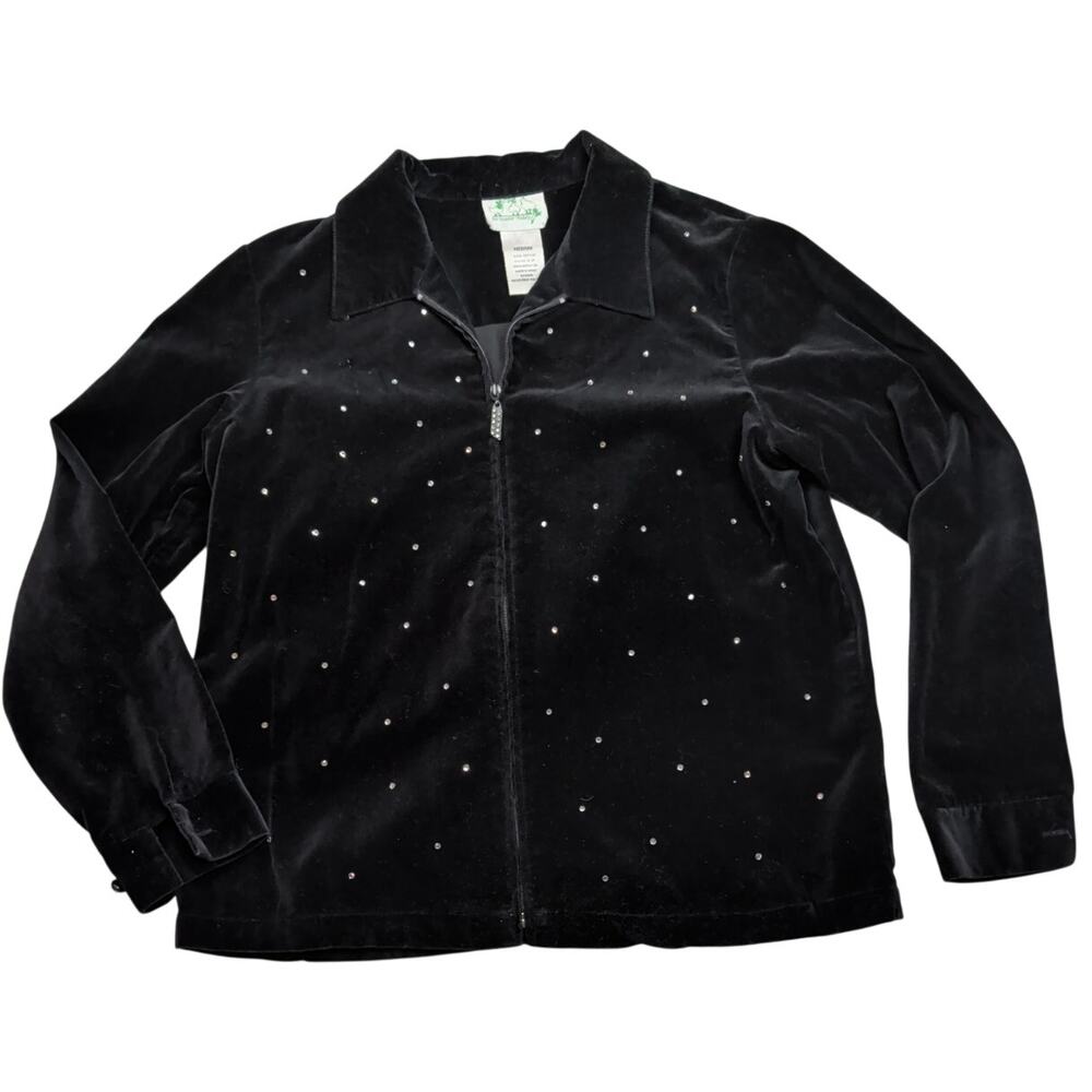 VTG The Quacker Factory Black Velvet Rhinestone Accents Full Zip Jacket Size M
